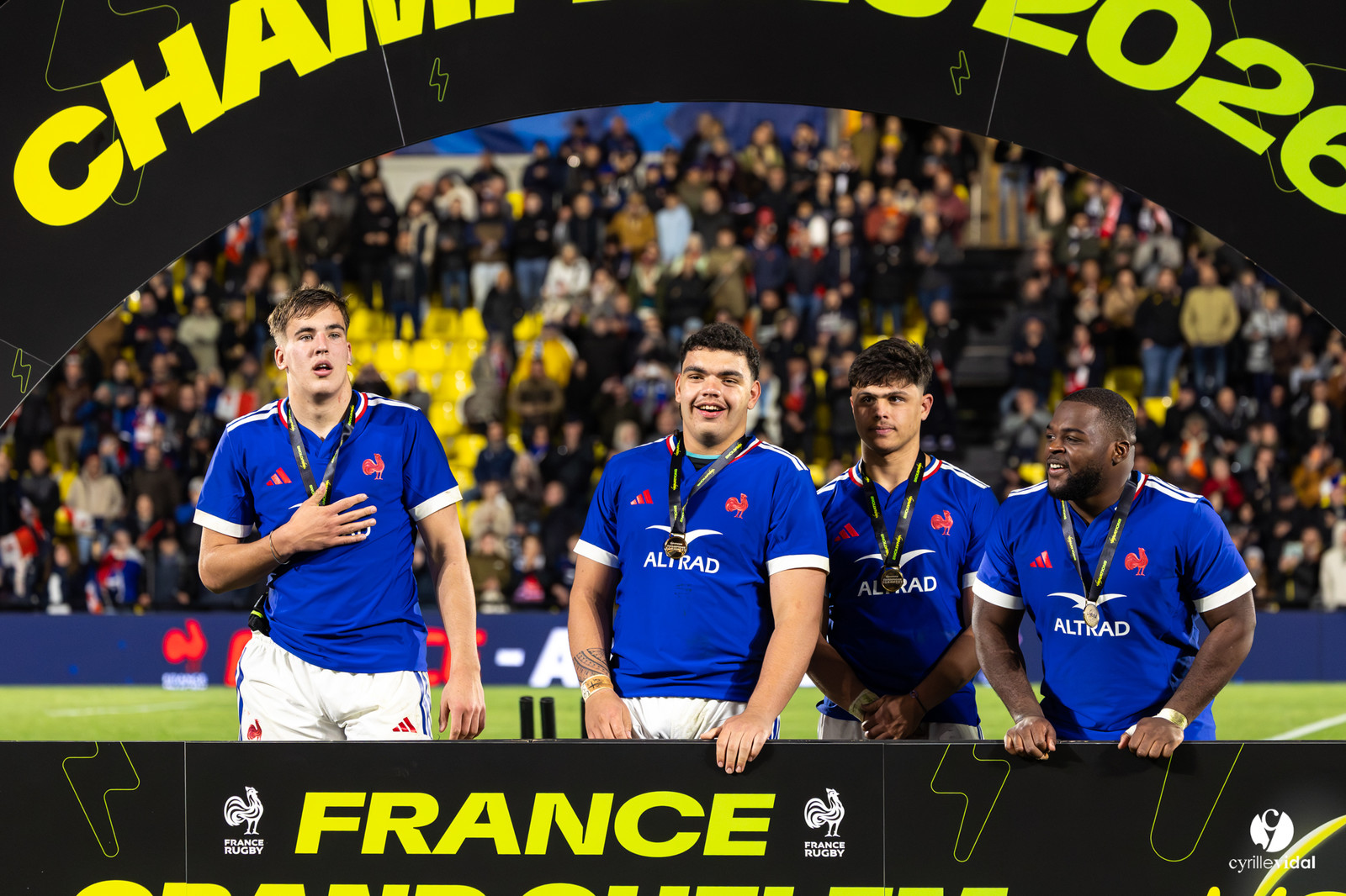 Grand chelem du XV de France U20 dans le tournoi des 6 nations après la victoire 31-28 contre l'Angleterre au Stade Marcel Deflandre de La Rochelle